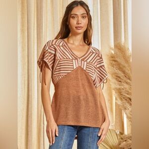 Savanna Jane Brown and Pink Embroidered Aztec Print Top